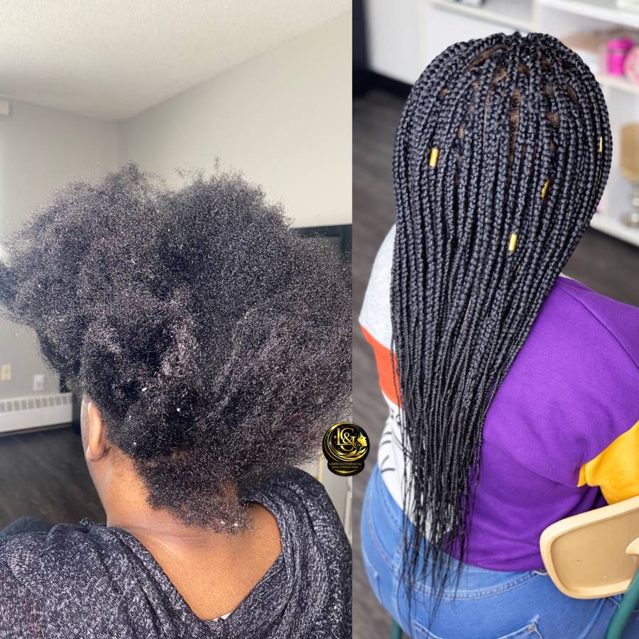 Before and after: full natural afro hair transformed into long knotless box braids with gold cuffs